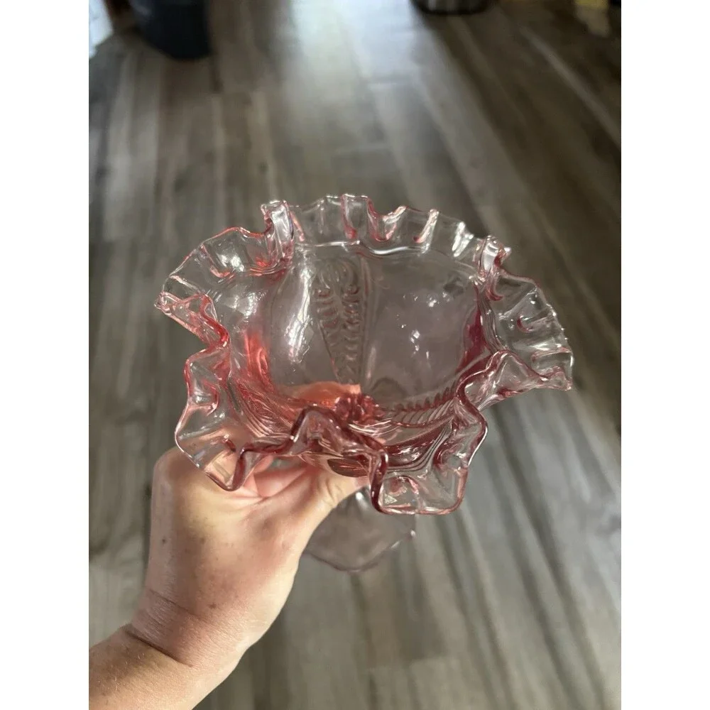 Country rose colored vintage Fenton Art Glass compote dish